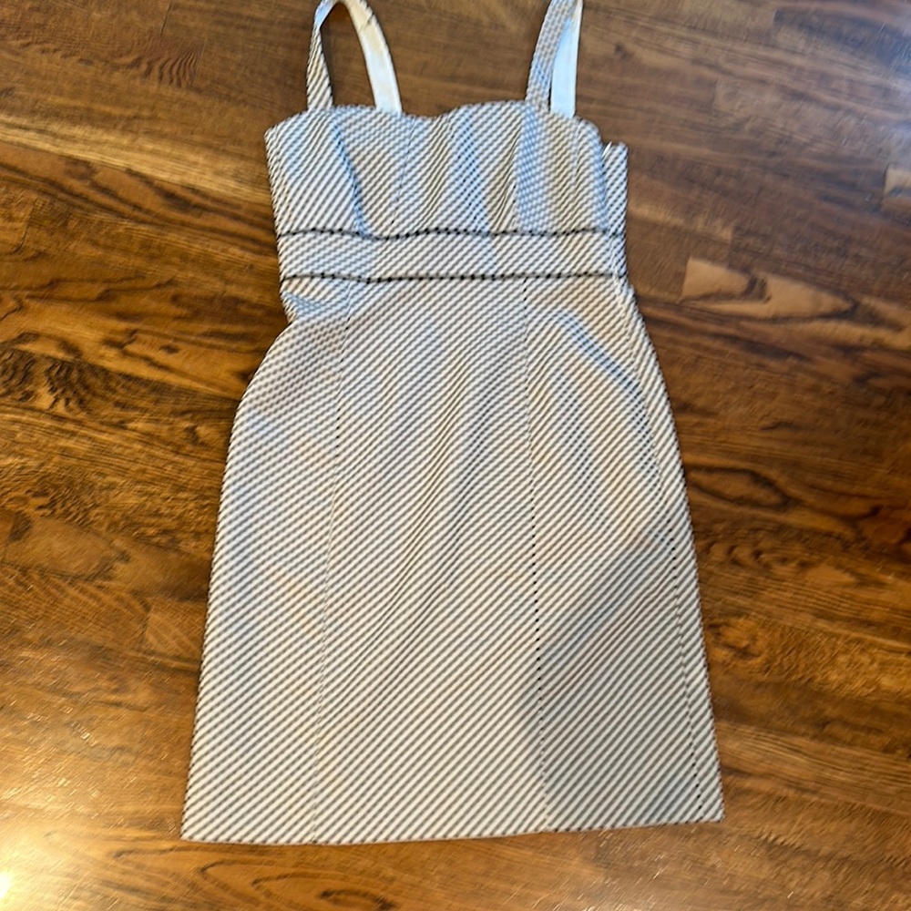 Striped White and Navy Mini Dress with Straps